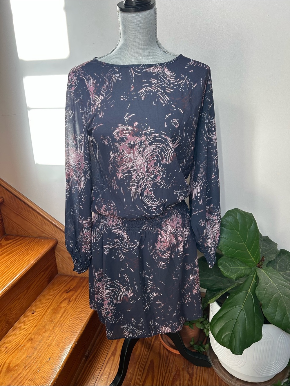 Waverly Grey Navy Long-Sleeve Floral Blouson Dress